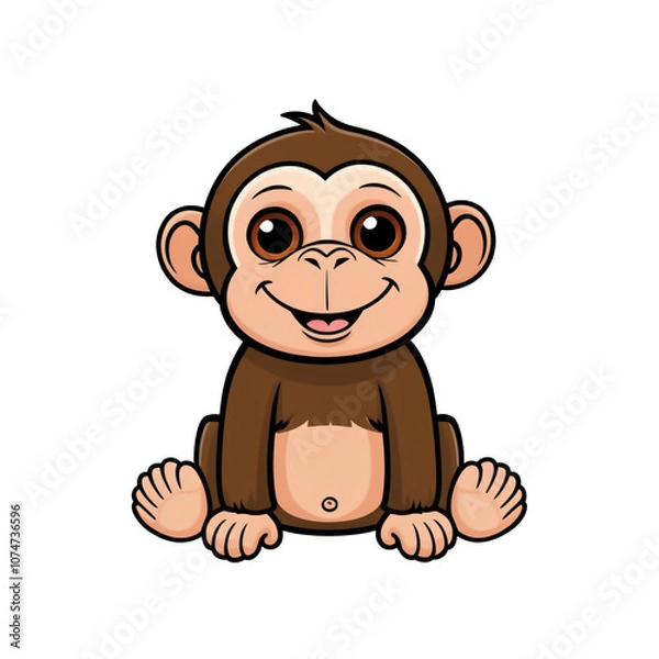 Obraz Cartoon style chimpanzee sticker with expressive brown eyes, playful smile, and friendly face on white background, generative ai
