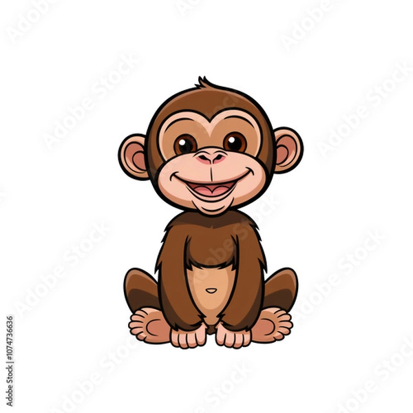 Obraz Cartoon style chimpanzee sticker with expressive brown eyes, playful smile, and friendly face on white background, generative ai