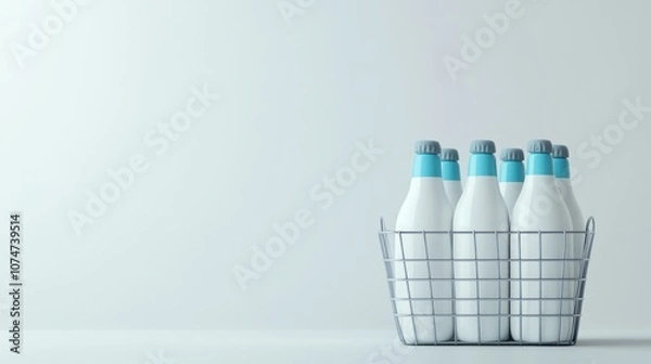 Obraz A milk bottle in the style of White and Blue, with a wire carton basket for carrying five bottles