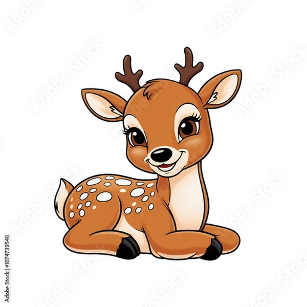 Obraz Cartoon style deer sticker with expressive brown eyes, spotted back, and gentle smile on white background, generative ai