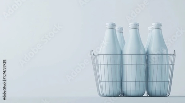 Obraz A milk bottle in the style of White and Blue, with a wire carton basket for carrying five bottles