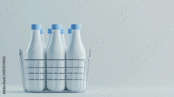Obraz A milk bottle in the style of White and Blue, with a wire carton basket for carrying five bottles