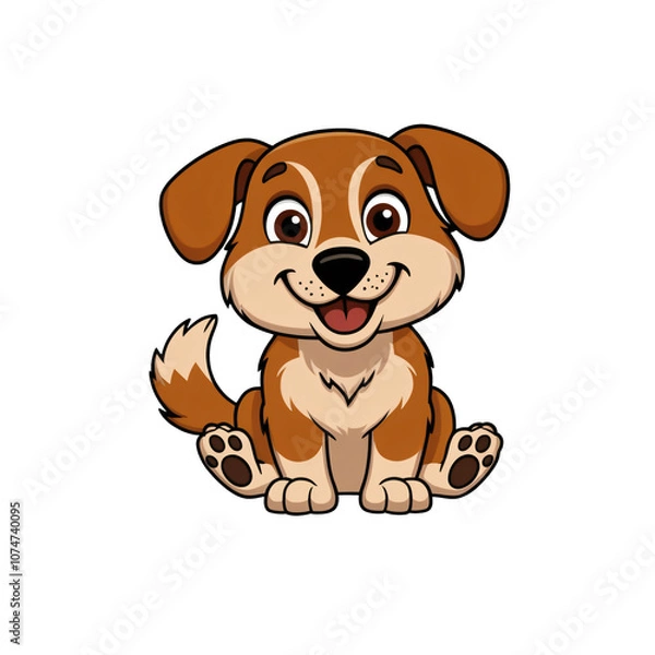Obraz Cartoon style dog sticker with big brown eyes, black nose, and fluffy tail on white background, generative ai