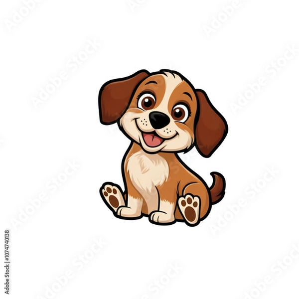 Obraz Cartoon style dog sticker with big brown eyes, black nose, and fluffy tail on white background, generative ai