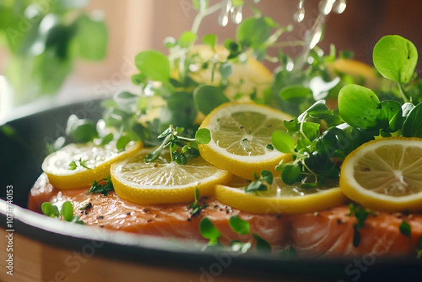 Fototapeta Close-Up of Sustainably Sourced Salmon Fillet with Fresh Herbs and Lemon Slices on Wooden Background

