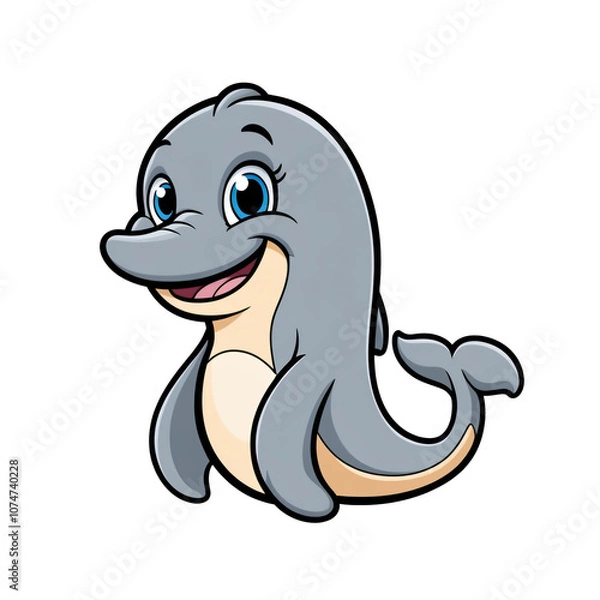 Obraz Cartoon style dolphin sticker with expressive blue eyes, curved tail, and joyful smile on white background, generative ai