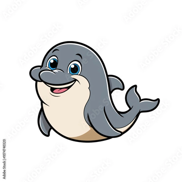 Obraz Cartoon style dolphin sticker with expressive blue eyes, curved tail, and joyful smile on white background, generative ai