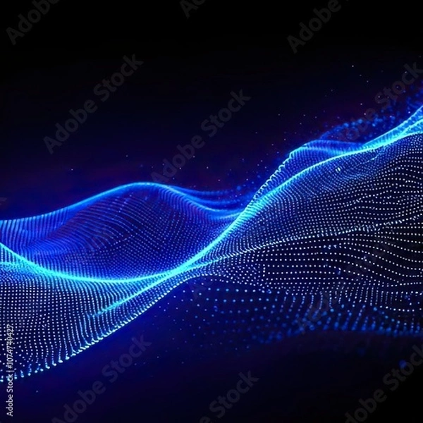 Fototapeta future digital wave pattern technology with an abstract blue wave of illuminating particles on a black background.