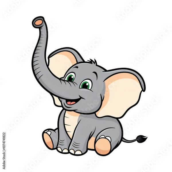 Obraz Cartoon style elephant sticker with expressive green eyes, big ears, and cheerful smile on white background, generative ai