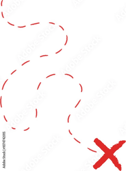 Obraz Treasure map element. A dashed line and red X mark ink on the map, the treasure map with a dotted line, X marks the spot, dashed line to an X, red ink