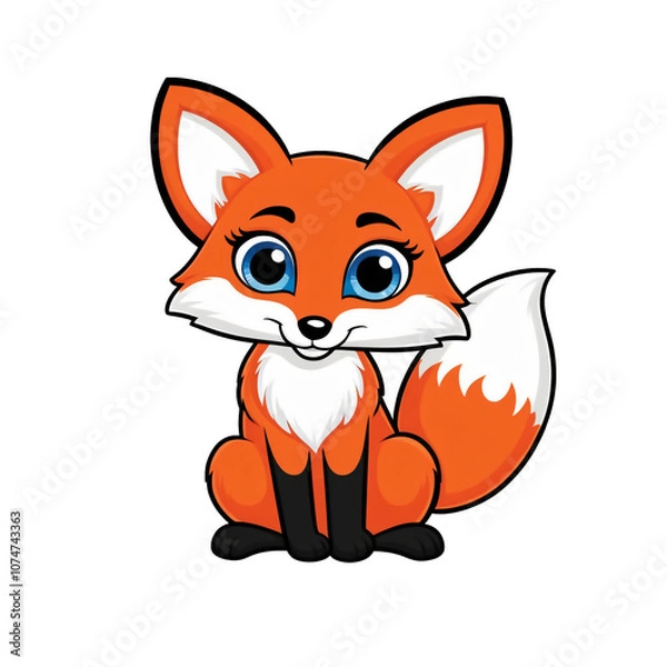Obraz Cartoon style fox sticker with expressive blue eyes, vibrant orange fur, and happy smile on white background, generative ai