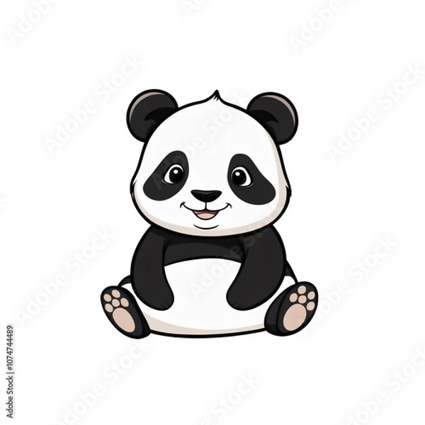 Obraz Cartoon style giant panda sticker with expressive black eyes, iconic black patches, and friendly smile on white background, generative ai
