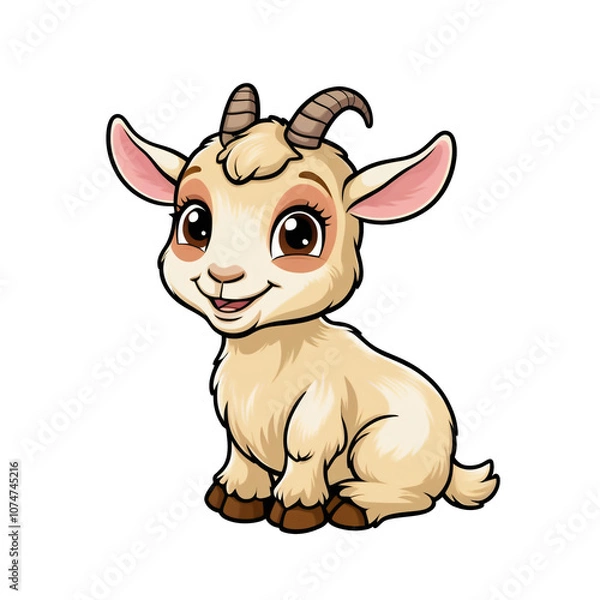 Obraz Cartoon style goat sticker with big brown eyes, pink ears, and playful smile on white background, generative ai