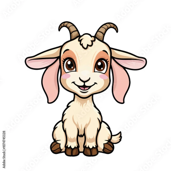 Obraz Cartoon style goat sticker with big brown eyes, pink ears, and playful smile on white background, generative ai