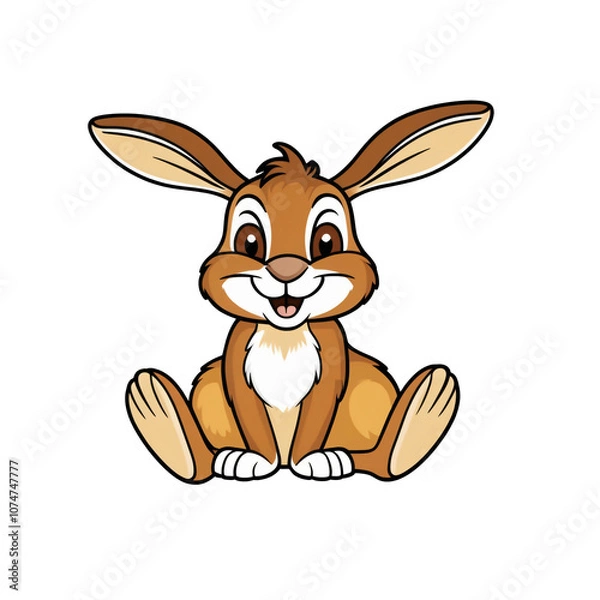 Obraz Cartoon style hare sticker with expressive brown eyes, soft beige lined ears, and happy smile on white background, generative ai