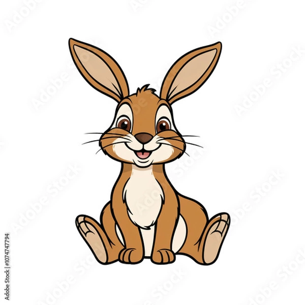 Obraz Cartoon style hare sticker with expressive brown eyes, soft beige lined ears, and happy smile on white background, generative ai