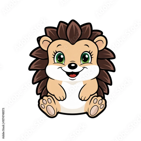 Obraz Cartoon style hedgehog sticker with expressive green eyes, soft rounded spines, and happy smile on white background, generative ai