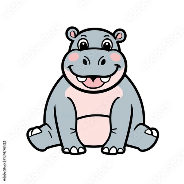 Obraz Cartoon style hippopotamus sticker with large eyes and happy smile on white background, generative ai