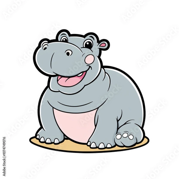 Obraz Cartoon style hippopotamus sticker with large eyes and happy smile on white background, generative ai