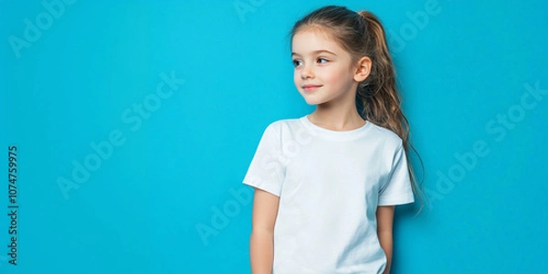 Obraz Caucasian girl with brunette hair in a white T-shirt on a blue background. Mockup banner template for brand, print and advertising. Studio shooting of a cute little model with copyspace