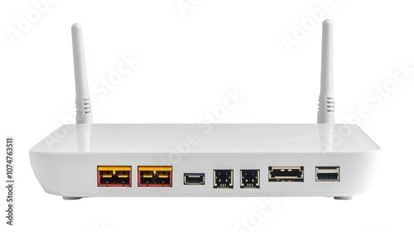 Fototapeta Wireless white router with antennas isolated on transparent background