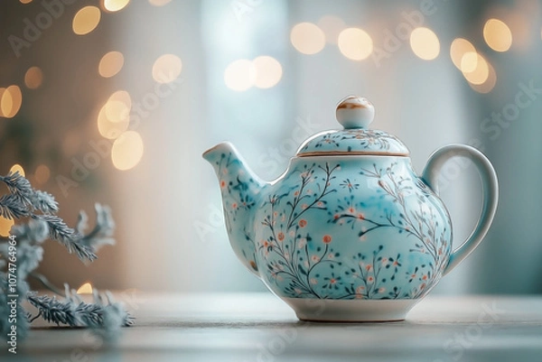 Fototapeta A ceramic teapot ornament decorated with winter motifs and soft blue patterns, 
