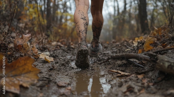 Fototapeta Close up of mud splattered legs of runner on muddy trail