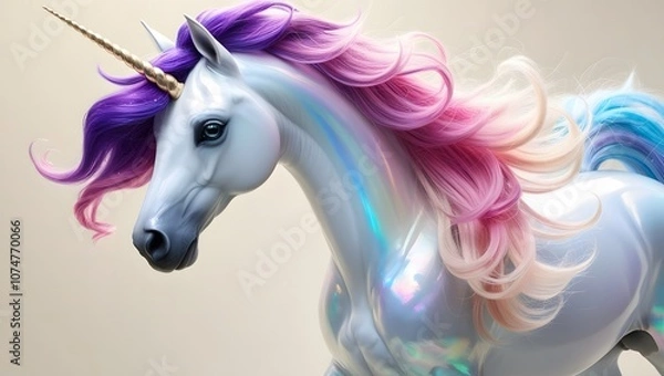 Fototapeta a majestic unicorn with a mesmerizing, flowing mane featuring a kaleidoscope of colors, predominantly purple, pink, and blue hues, that cascade down its neck and back