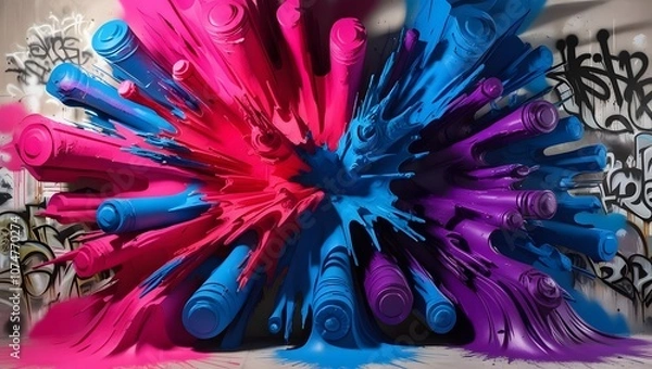 Fototapeta Vibrant graffiti art explodes with cool, bold colors - hot pink, electric blue, and rich purple - covering three-dimensional walls that seem to jump out of the surface, with intricate textures .