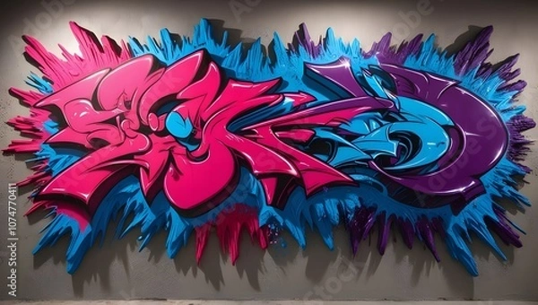 Fototapeta Vibrant graffiti art explodes with cool, bold colors - hot pink, electric blue, and rich purple - covering three-dimensional walls that seem to jump out of the surface, with intricate textures .