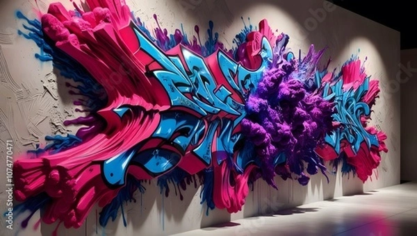 Fototapeta Vibrant graffiti art explodes with cool, bold colors - hot pink, electric blue, and rich purple - covering three-dimensional walls that seem to jump out of the surface, with intricate textures .
