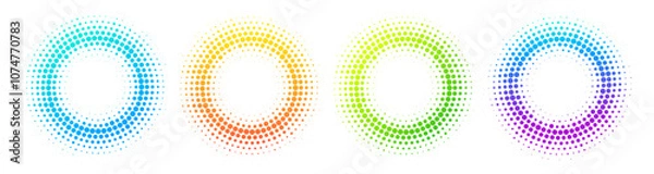 Fototapeta Halftone effect dotted gradient color frames set. Isolated vector dotted circles retro technology design elements