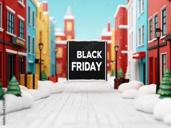 Fototapeta A colorful street scene displays a "Black Friday" sign, surrounded by decorative trees and whimsical buildings, creating a festive shopping atmosphere.