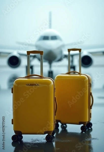 Fototapeta Two yellow suitcases on wet airport tarmac with an airplane in the back