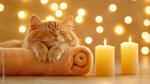 Obraz A cozy orange cat sleeps peacefully on a soft towel, illuminated by warm candlelight and soft bokeh lights.