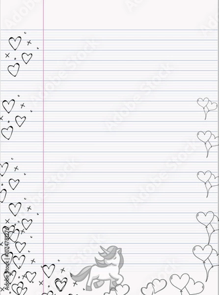 Fototapeta Unicorn hearts lined notebook page