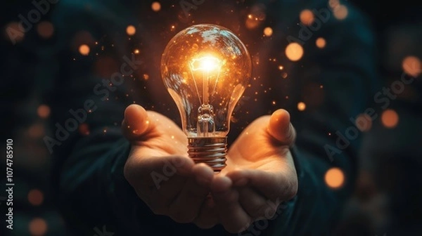 Fototapeta Glowing Light Bulb Held In Hand