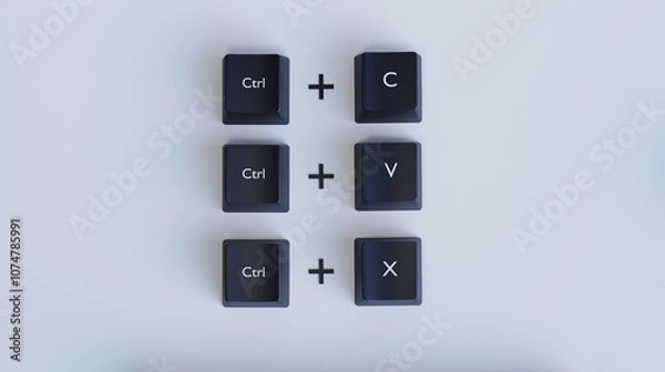 Fototapeta Creative 3D Illustration of Keyboard Shortcuts_ Ctrl + C, Ctrl + V, and Ctrl + X on White Background for Copy, Paste, and Cu