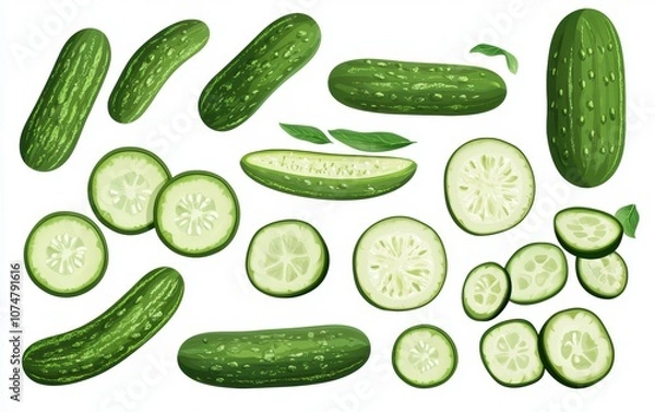 Fototapeta A collection of cucumbers in various shapes and slices, showcasing their vibrant green color and fresh appearance.
