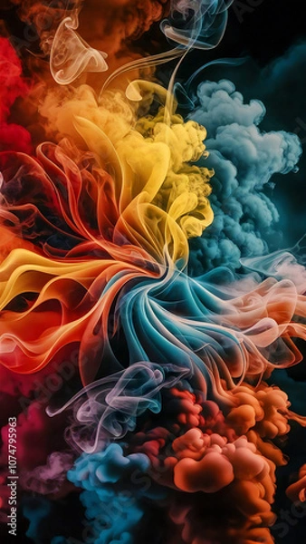 Fototapeta Wallpaper. A captivating abstract art that immerses the viewer in a world of vivid, swirling colors. The background showcases a harmonious blend of fiery red, yellow, blue, and orange flames