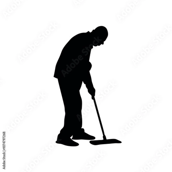 Fototapeta a old aged man are cleaning the floor with floor mat, vector silhouette