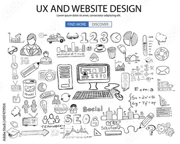 Fototapeta UX Website Design  concept with Doodle design style