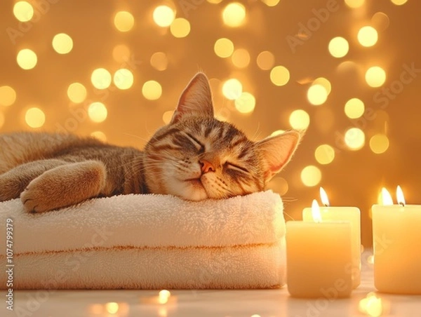 Obraz A cozy cat sleeps peacefully on a towel, surrounded by warm candlelight and soft bokeh lights in a serene atmosphere.