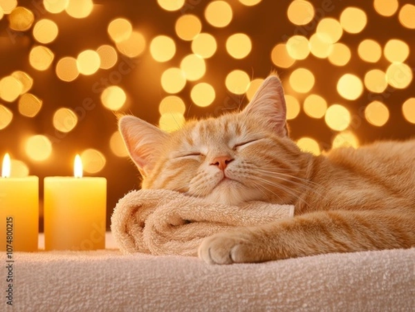 Obraz A cozy orange cat peacefully sleeps beside glowing candles against a backdrop of soft, warm lights.