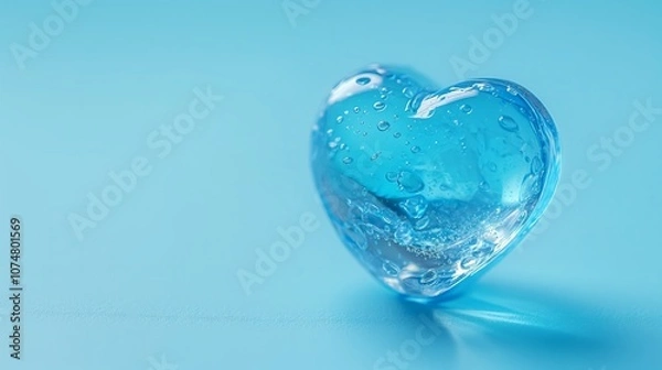 Obraz Crystalline heart shaped water droplet on blue background for romantic design themes and minimalist decor