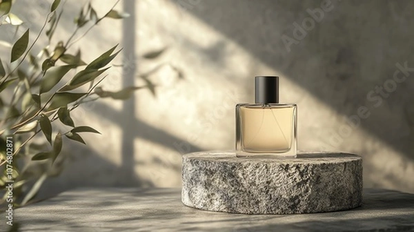 Fototapeta A perfume bottle on a stone platform with soft sunlight and shadows.