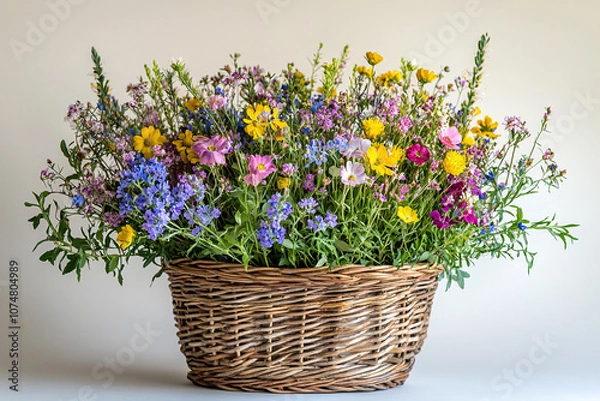 Fototapeta Vibrant wildflowers arranged in a wicker basket on a plain background