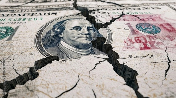 Fototapeta Cracked Currency Symbols, a visual metaphor for the fragmentation of global trade, illustrating economic tensions and the impact of trade wars on international markets.