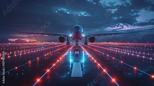 Fototapeta Airplane on Runway with Red and Blue Lights at Night