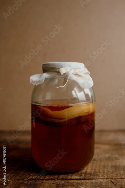 Obraz Glass jar with kombucha drink on a wooden background. Homemade healthy drink with probiotic